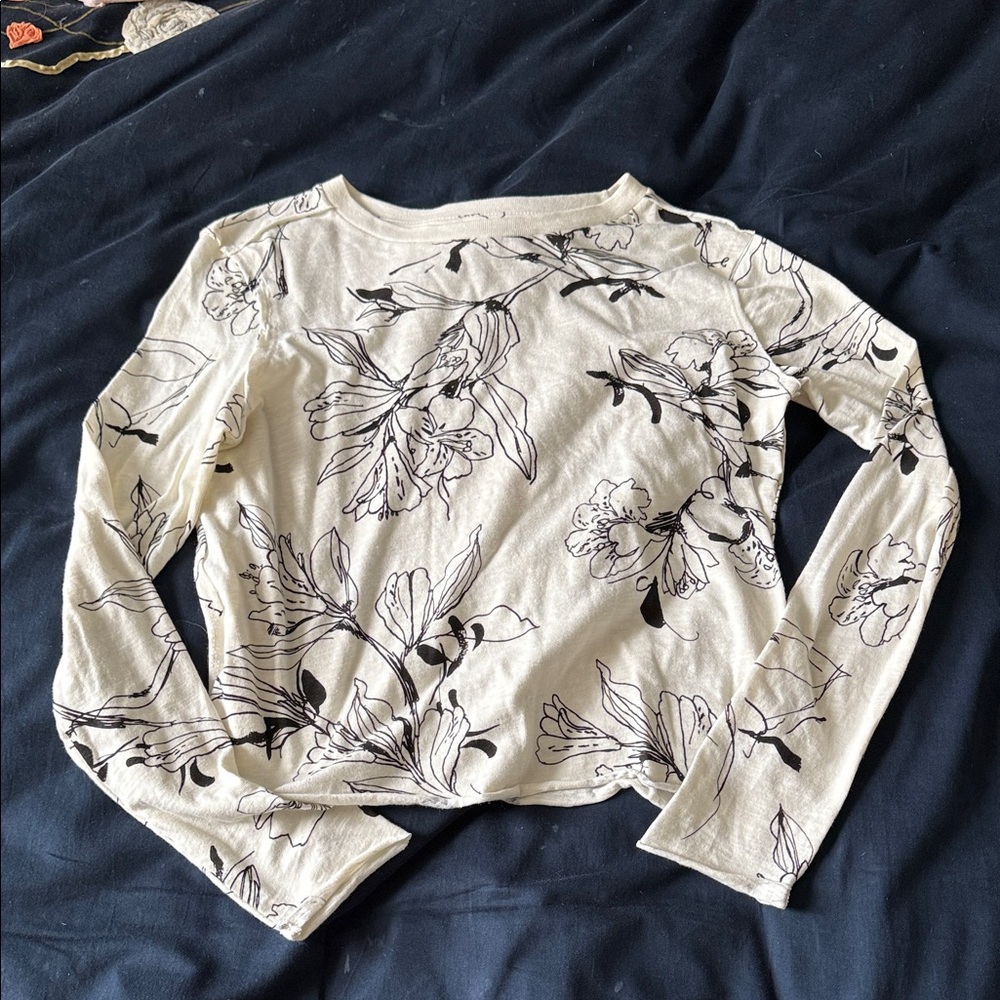 Anthropologie Cream Long-Sleeve Floral Tee with Black Print